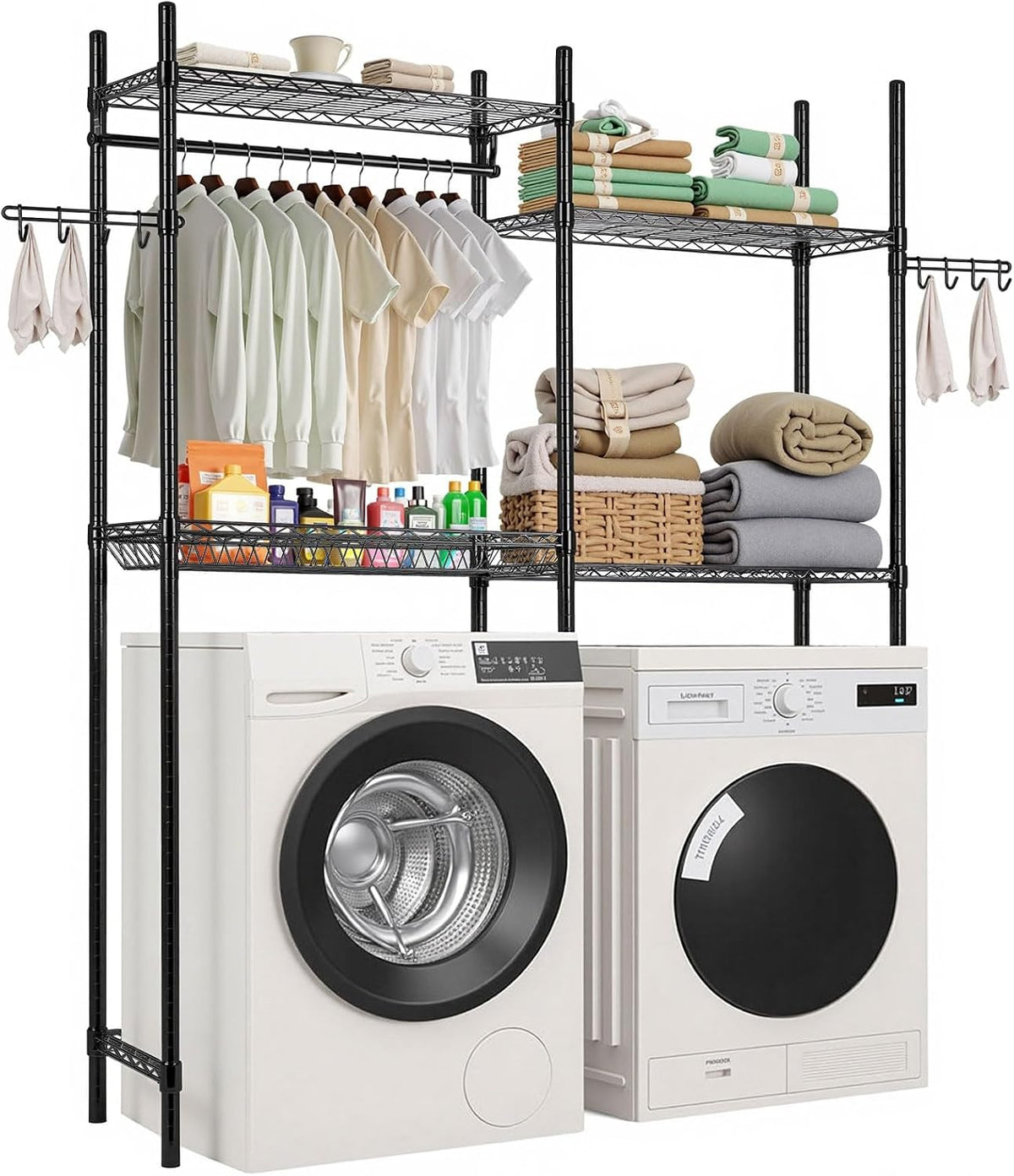 Over the Washer and Dryer Storage Shelf, 4 Tier Laundry Room Drying Rack with Hanger Rod and Hooks, Adjustable Over