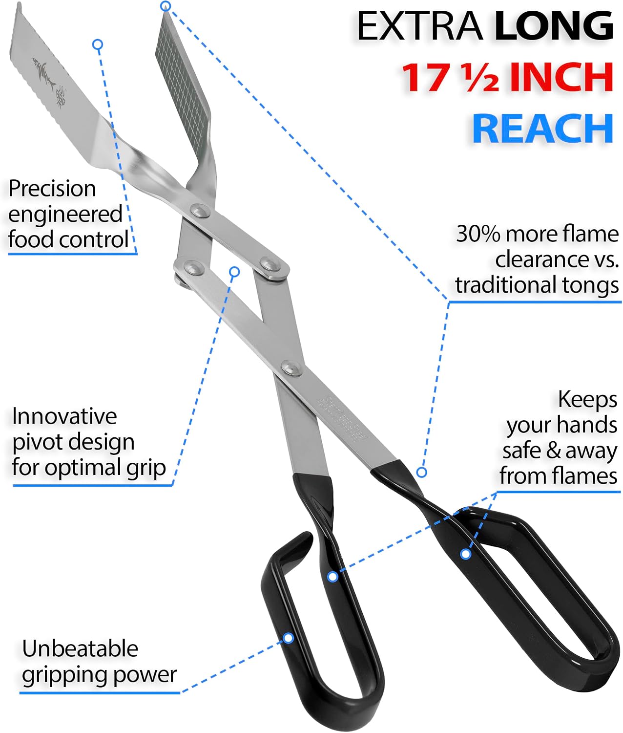 Grill Tongs - 17 inch Black. Professional steak grilling utensil. Long reach Barbeque Grilling Tongs. Ideal for