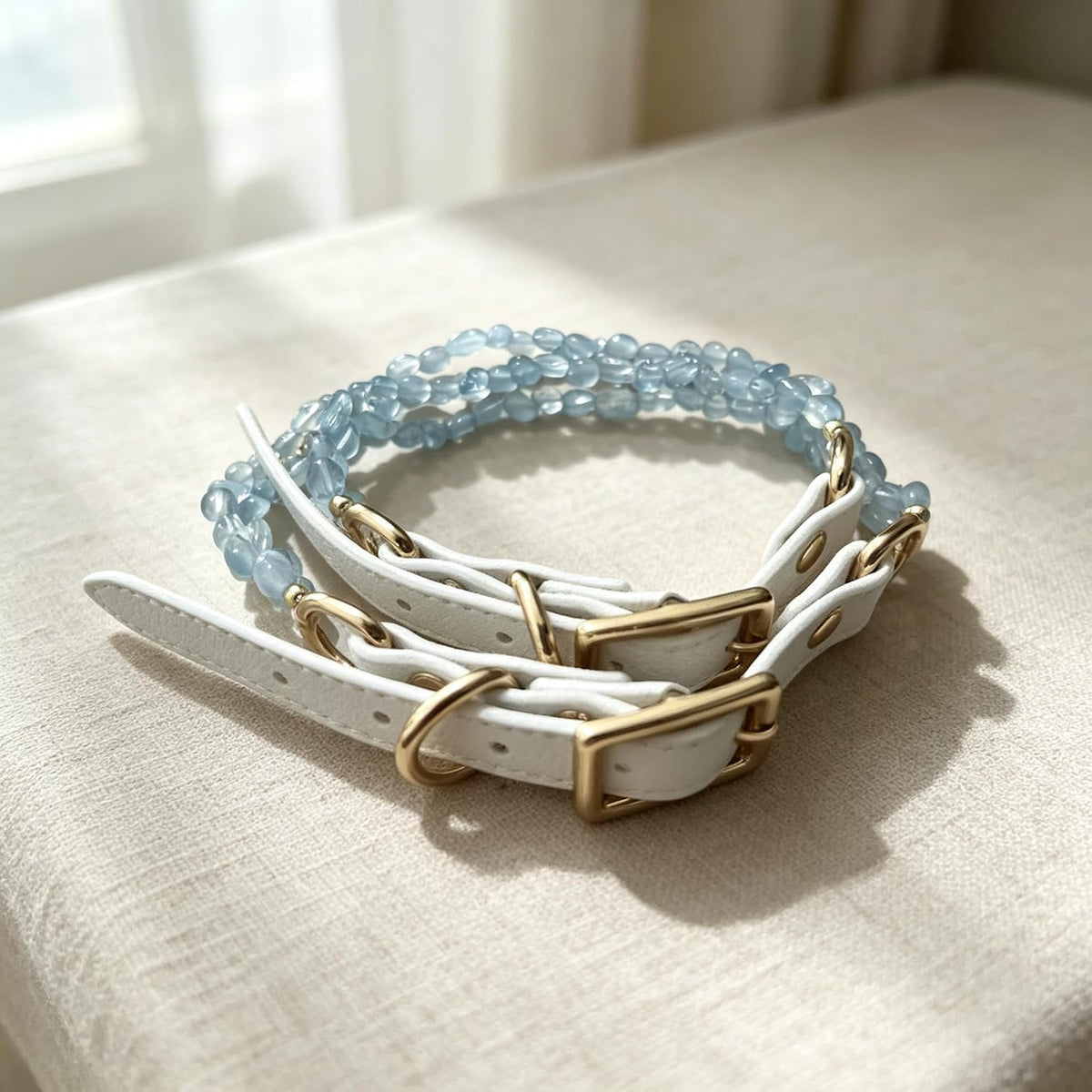 Aquamarine Beaded Decorative Pet Collar, 5mm Natural Light Blue Crystal Beads, Double-Layer Design, Soft PU Leather