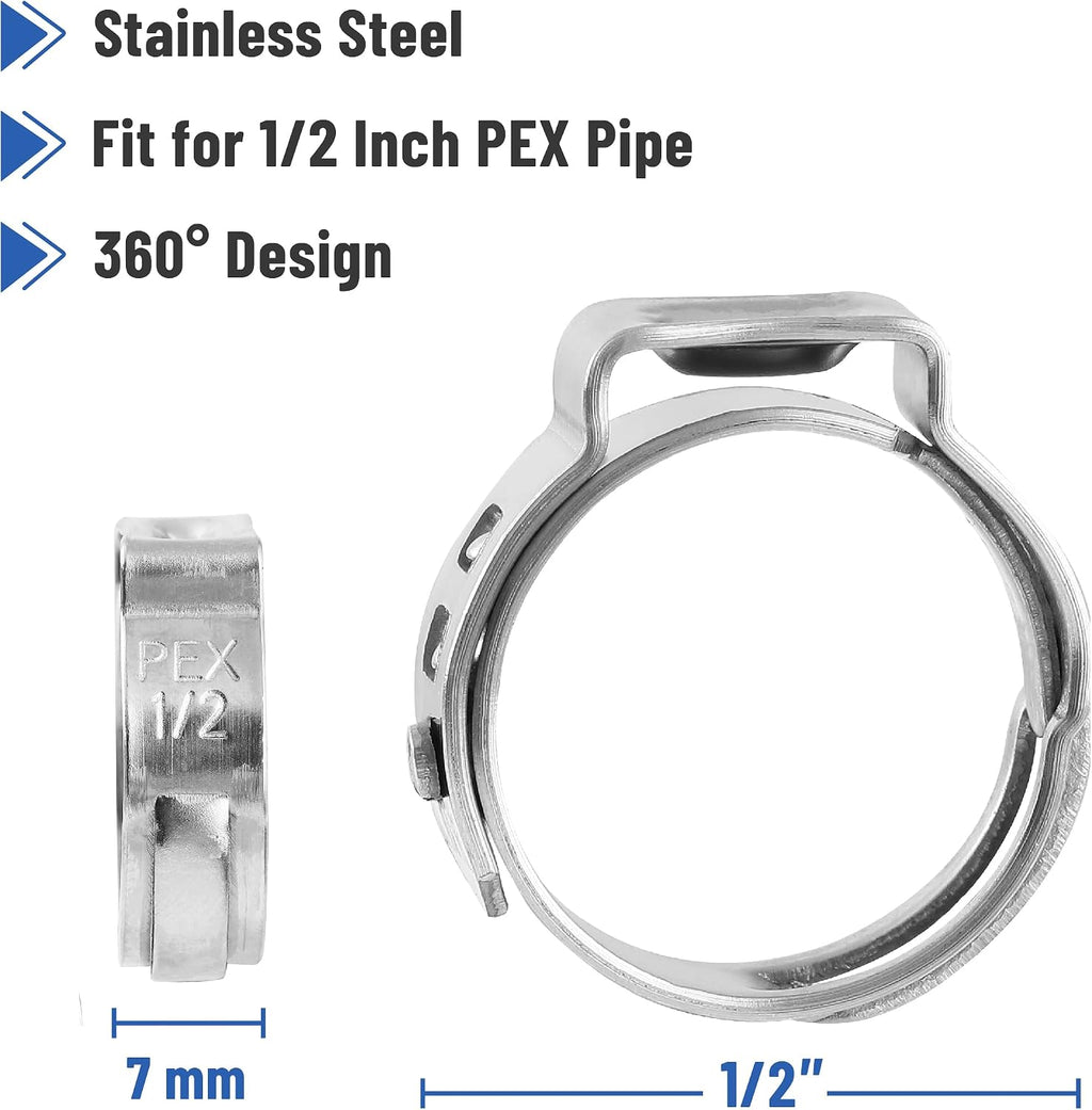Bates- 1/2" PEX Cinch Clamp Rings, 50 Pack, Stainless Steel, PEX Pipe Clamps