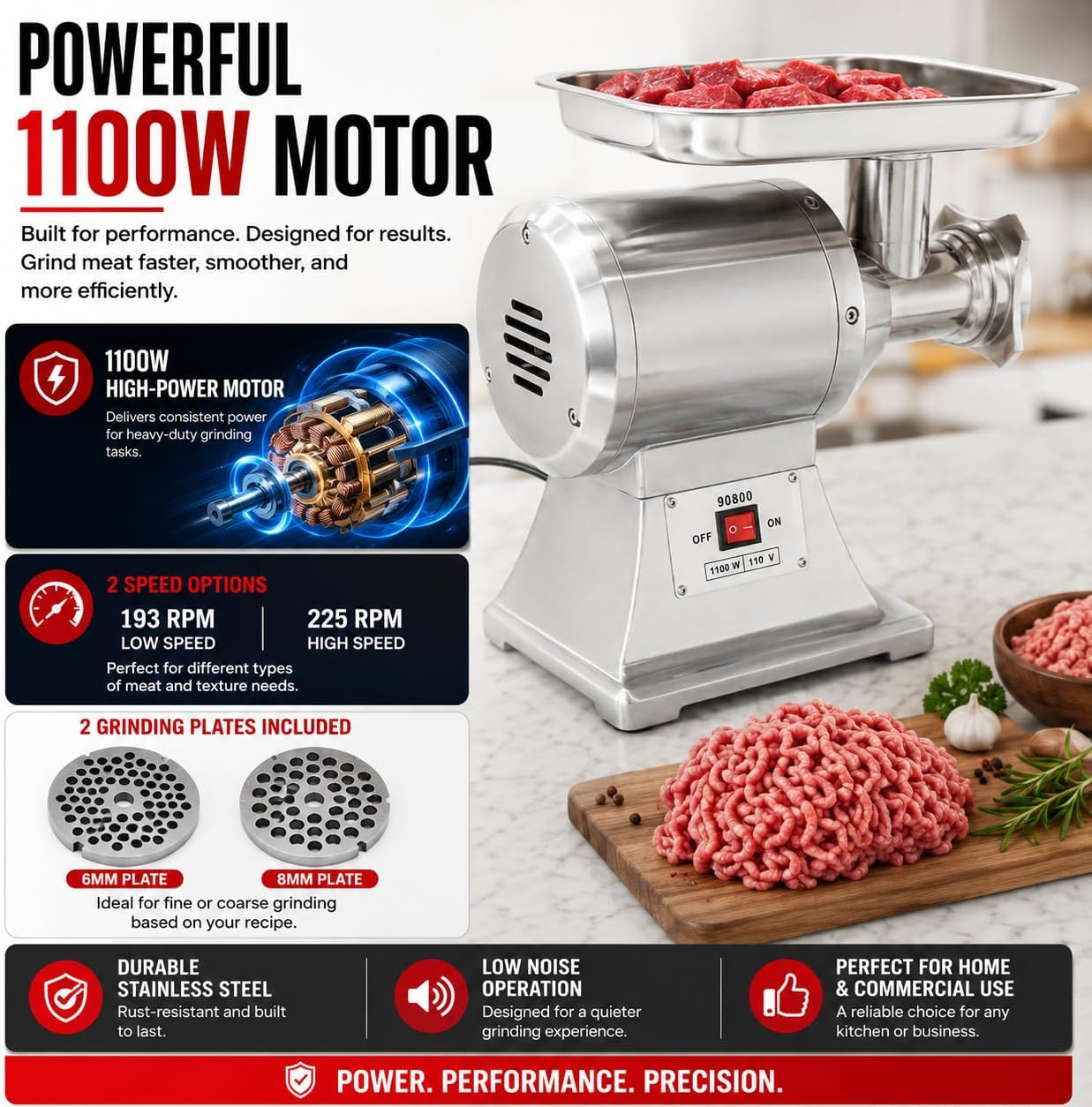 Commercial #12 Electric Meat Grinder, 1100W Stainless Steel Meat Mincer & Sausage Stuffer with Stainless Steel