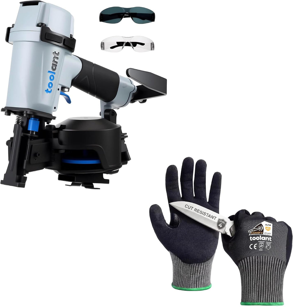 Roofing Nailer, Pneumatic Roofing Nail Gun for 3/4" to 1-3/4" Nails & ComfyCut ANSI A4 Cut Resistant Gloves, Light