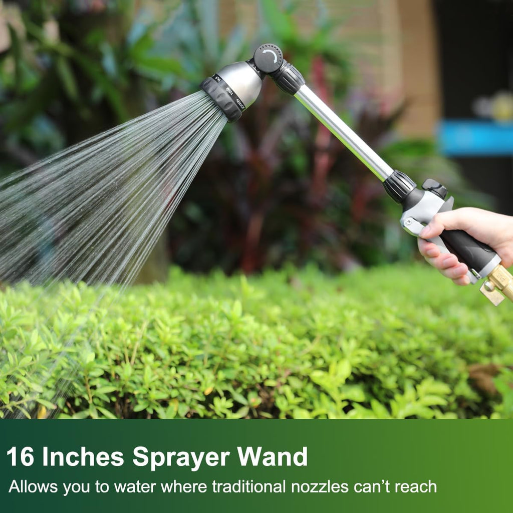 Watering Wand Heavy Duty, 16 Inches Metal Garden Hose Wand with 8 Spray Patterns, Long Hose Nozzle Sprayer with