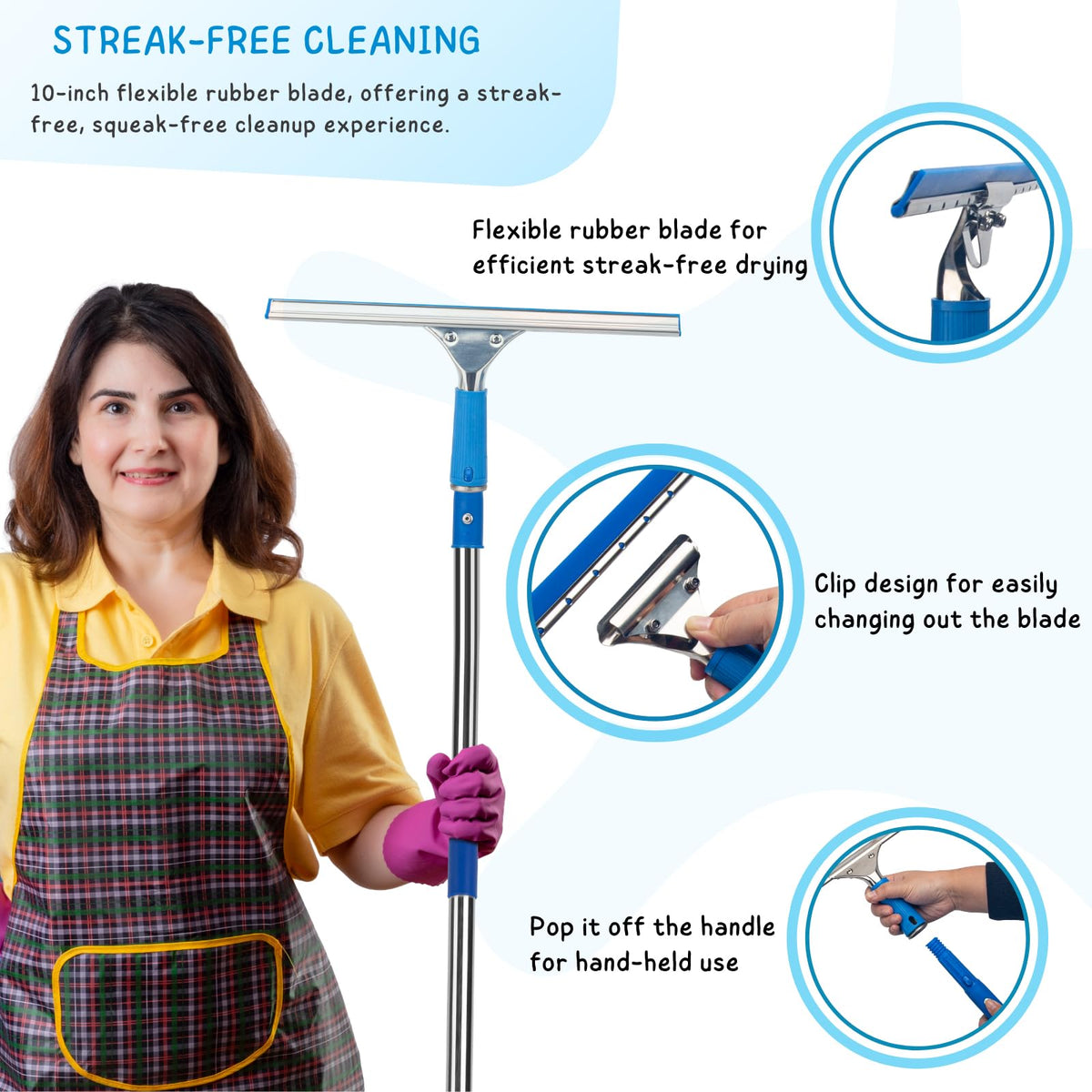 Window Squeegee with Scrubber Kit for Home Glasses Cleaning, 6 Ft Long
