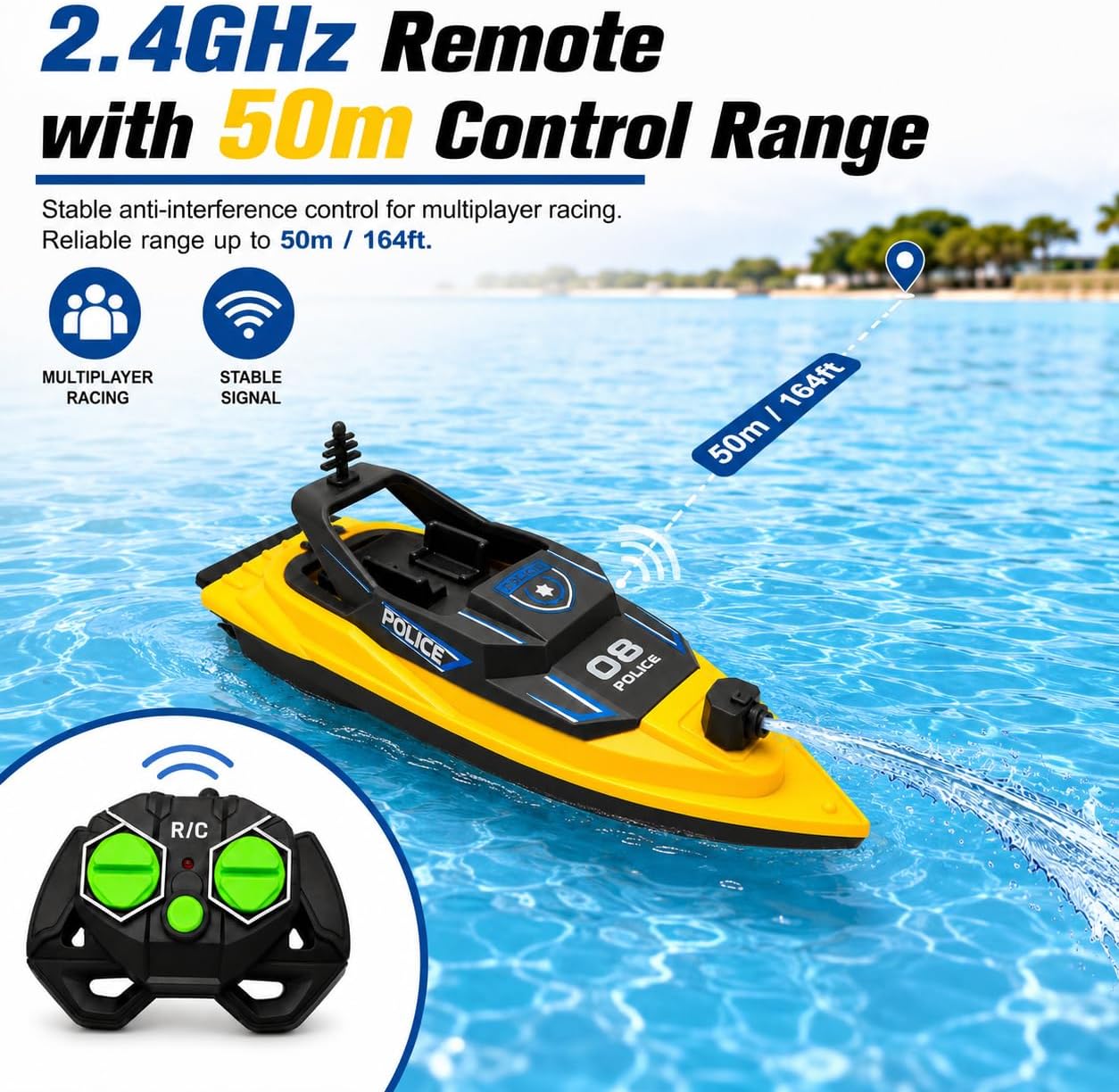 RC Boat with Water Spray, 2.4GHz Racing Toy for Pools and Lakes | Easy-to-Control, Summer Outdoor Gift for Boys &