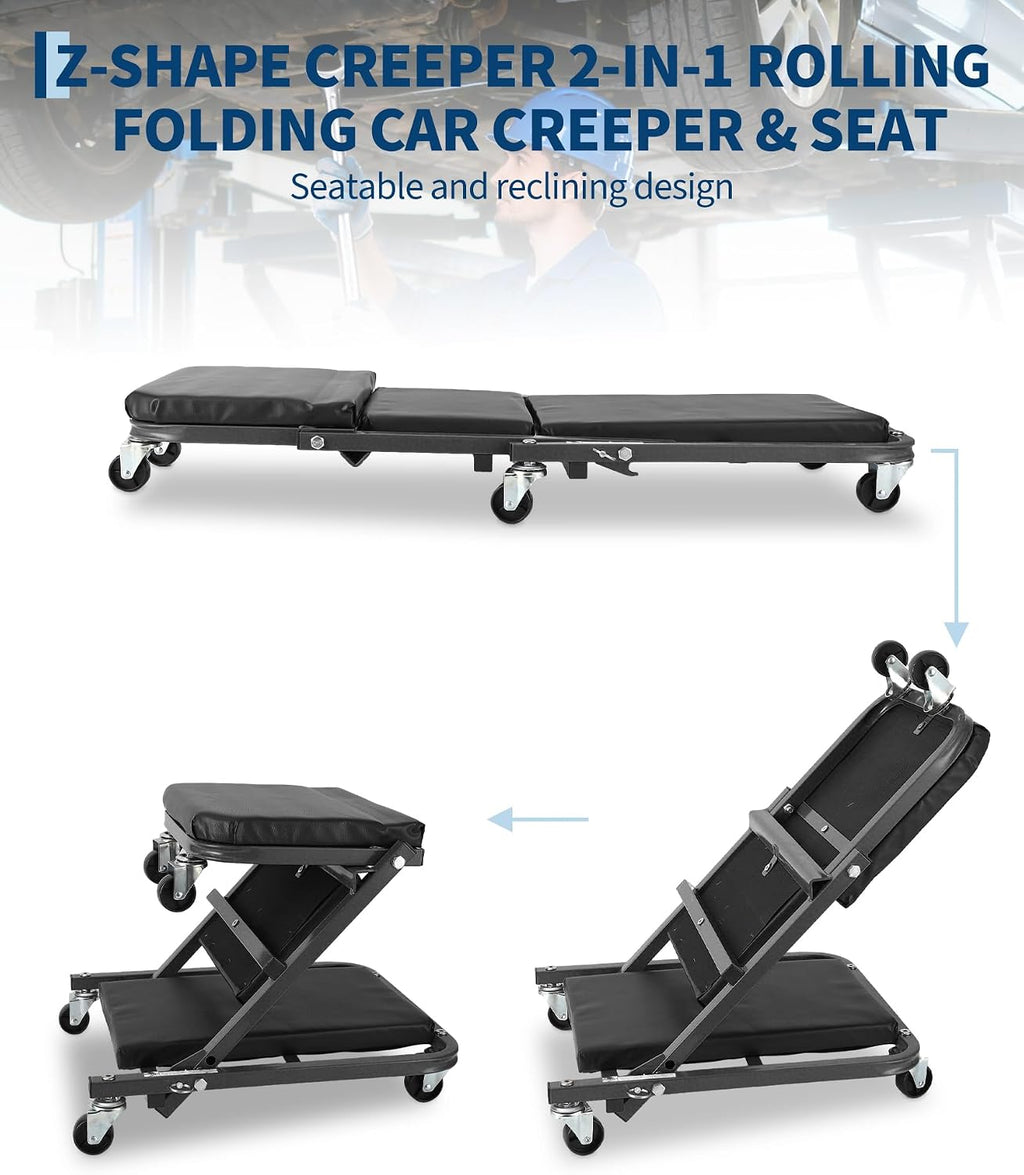 2-in-1 Z-Frame Mechanic Creeper Seat - Folding Adjustable Garage Roller, 36"/40", 6 Swivel Wheels, Heavy Duty Metal