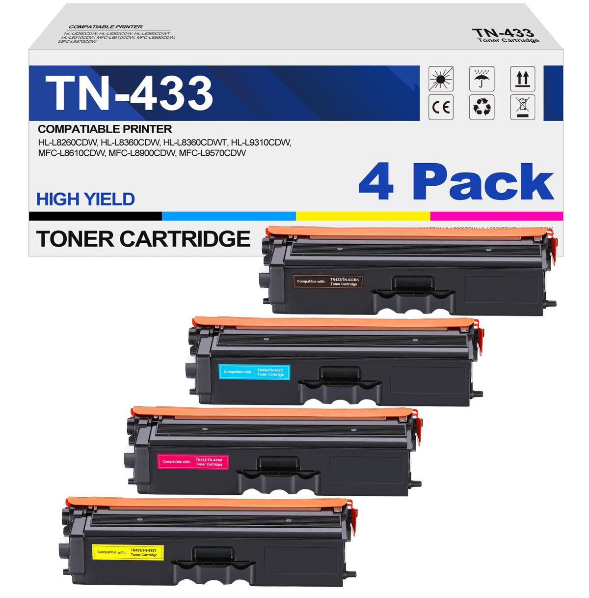 TN433 Toner Cartridge Set Replacement for Brother TN-433, 4-Pack