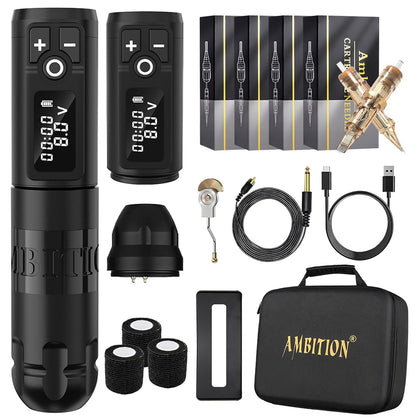Soldier Wireless Tattoo Machine Kit Complete Rotary Coreless Motor Tattoo Pen Kit with Extra 2400mAh Battery 80pcs