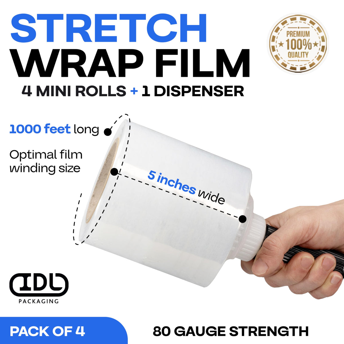 5" x 1000' Stretch Wrap Mini Rolls, 80 Ga (4-Pack) - USA-Made
