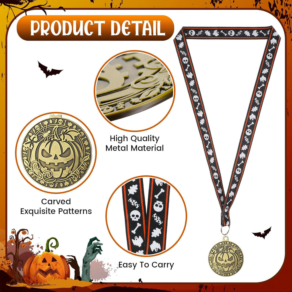 36 Pcs Halloween Pumpkin Medals Bulk 2 Inch Metal Halloween Awards Medals Pumpkin Trophy with Neck Ribbons, Gold