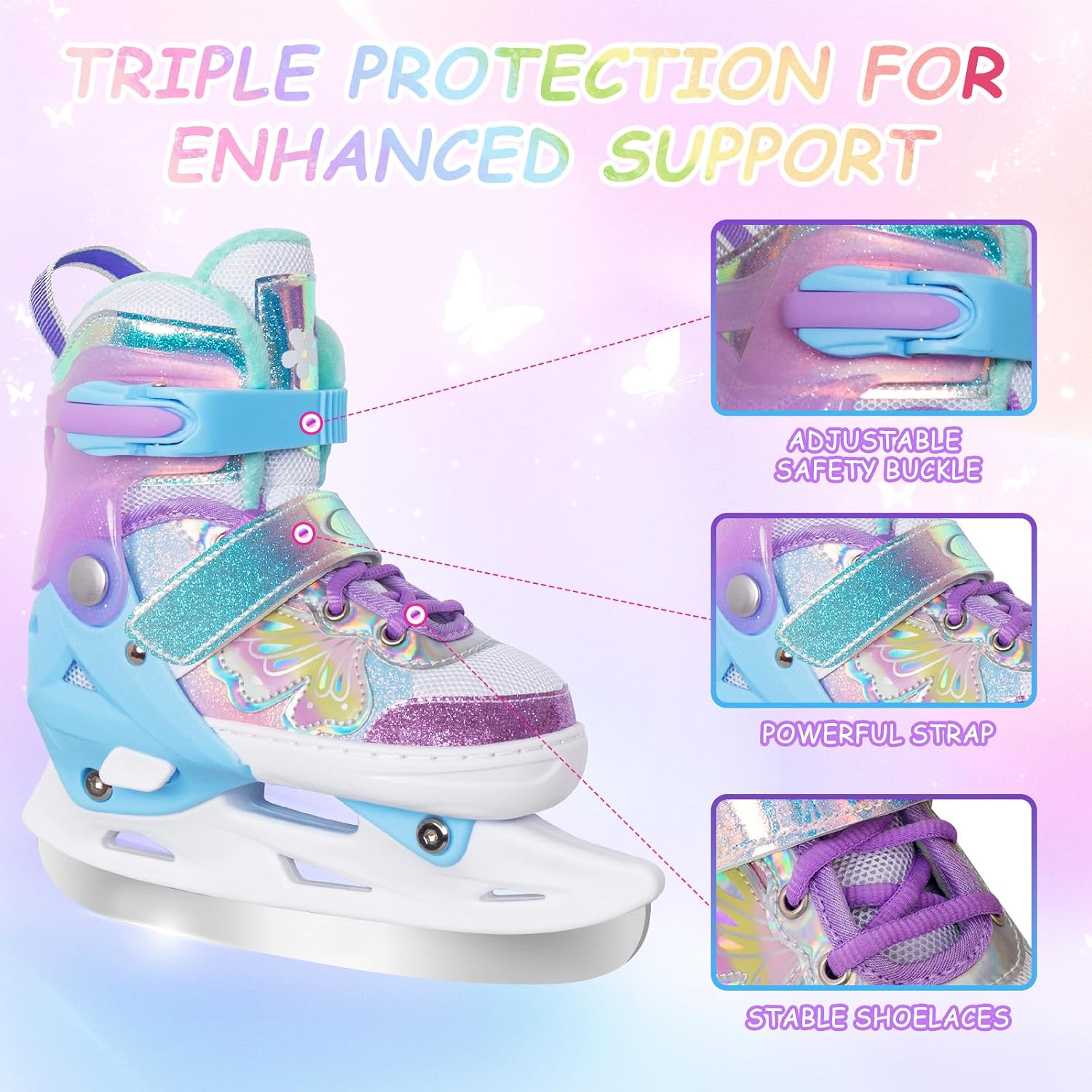 Girls Ice Skates for Kids 4 Size Adjustable Butterfly Ice Skate with Fleece Lining for Outdoor & Rink