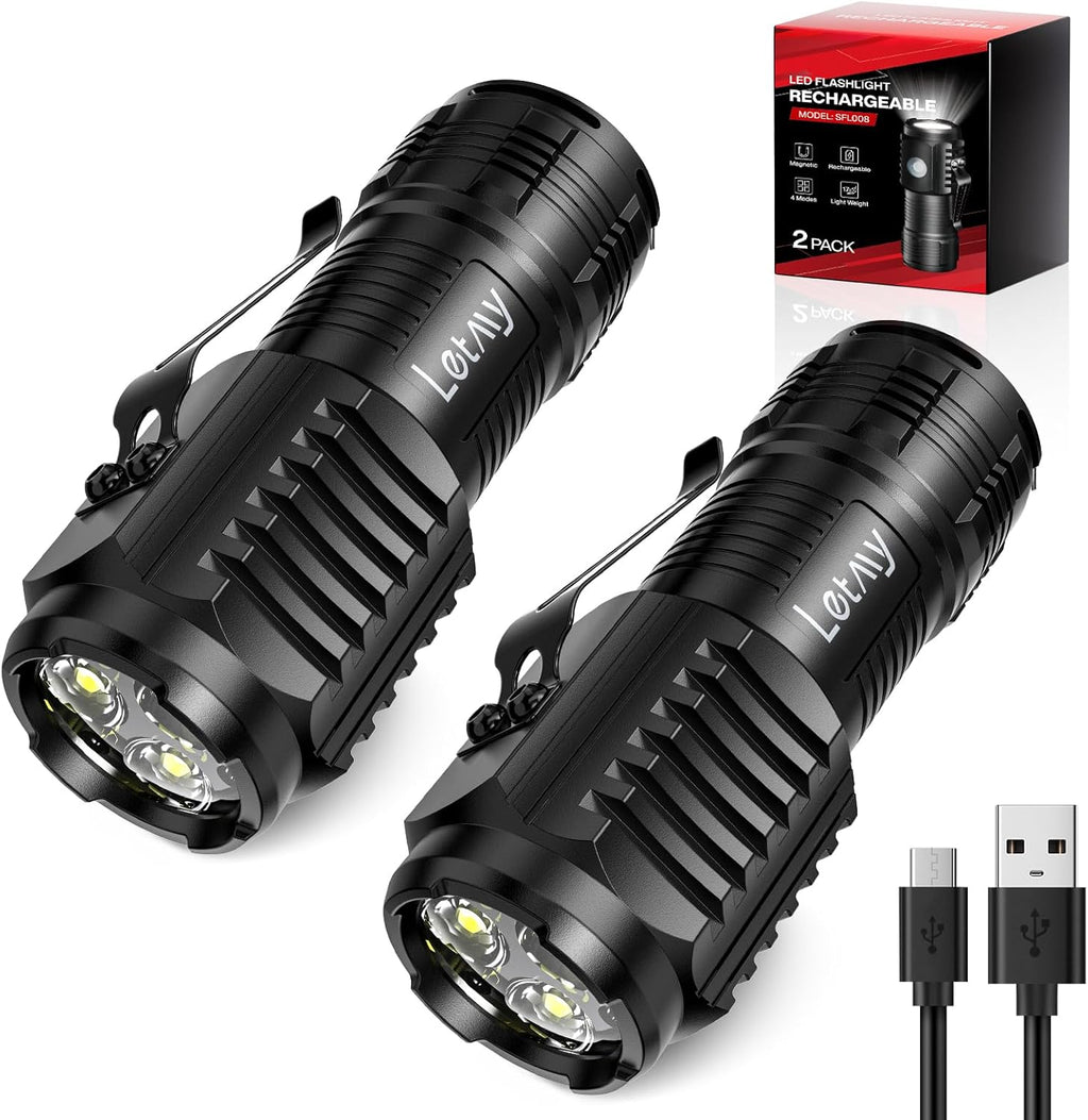 Rechargeable Mini Flashlights with Magnetic Base, 2 Pack Bright 3 LED Flash Lights, Small EDC Flashlight with Belt