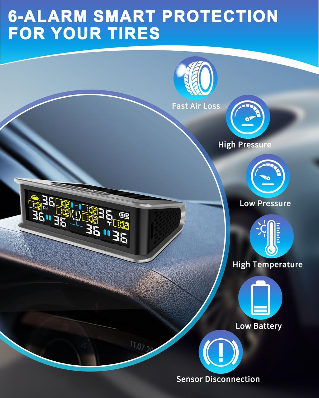 RV TPMS Tire Pressure Monitor, 6 Sensors, 0-144 PSI, Solar Display | Custom alerts, color screen, USB rechargeable