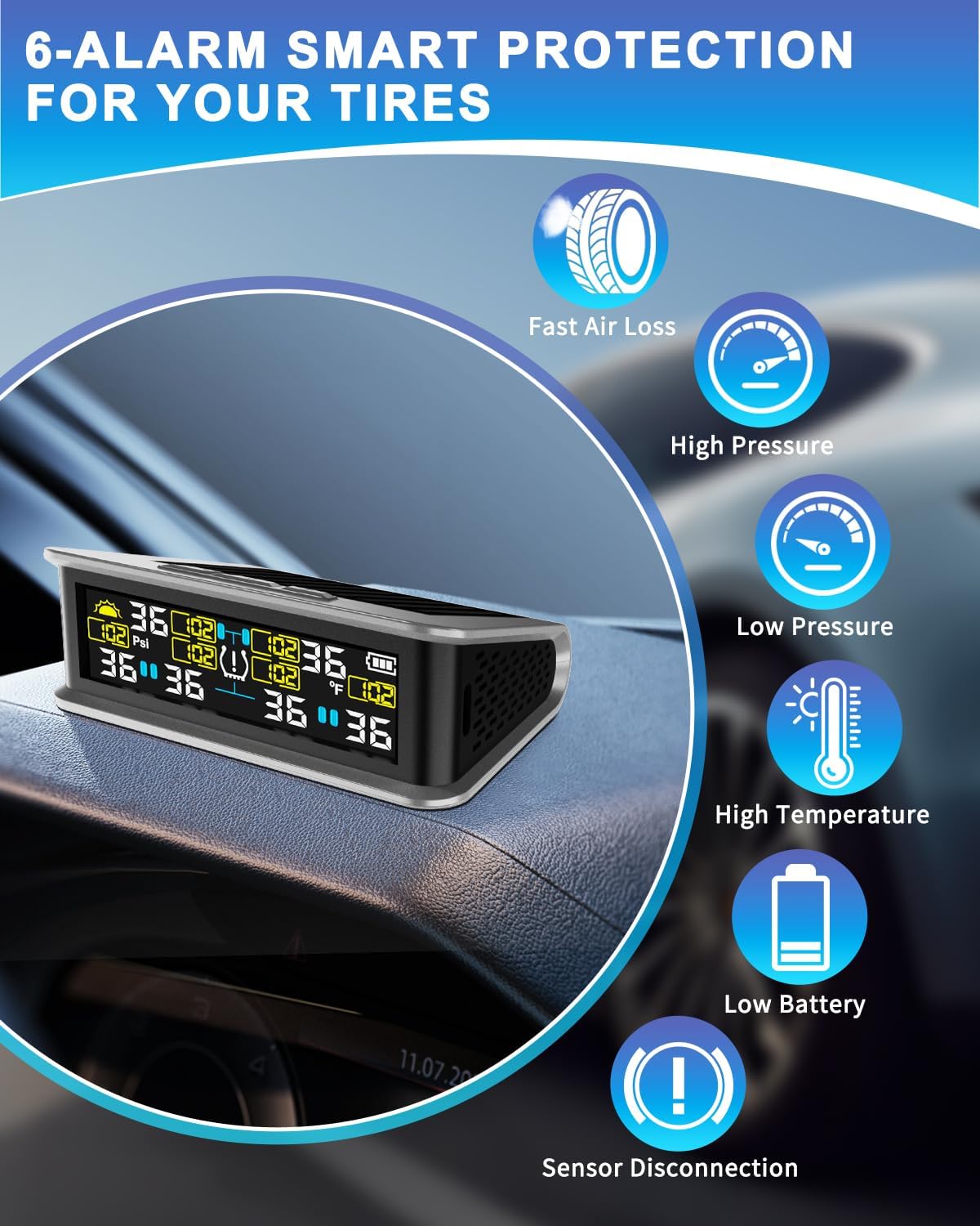 RV TPMS Tire Pressure Monitor, 6 Sensors, 0-144 PSI, Solar Display | Custom alerts, color screen, USB rechargeable
