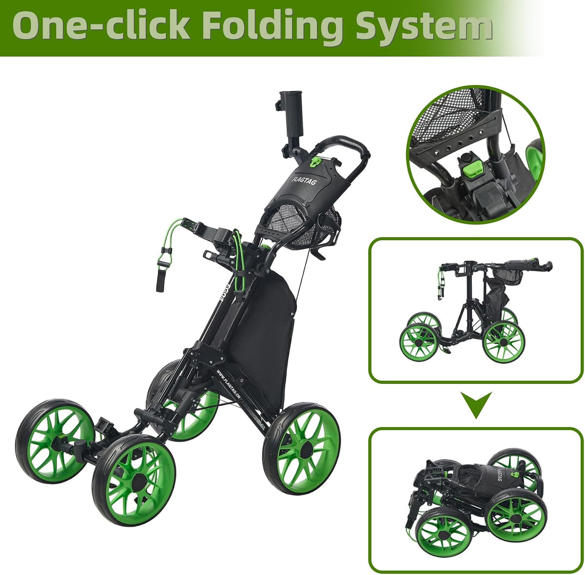Golf Push Cart 4-Wheels,Folding Golf Cart, Golf Pull cart with Cup Holder,Umbrella Holder,Cooler Bag, Foldable with