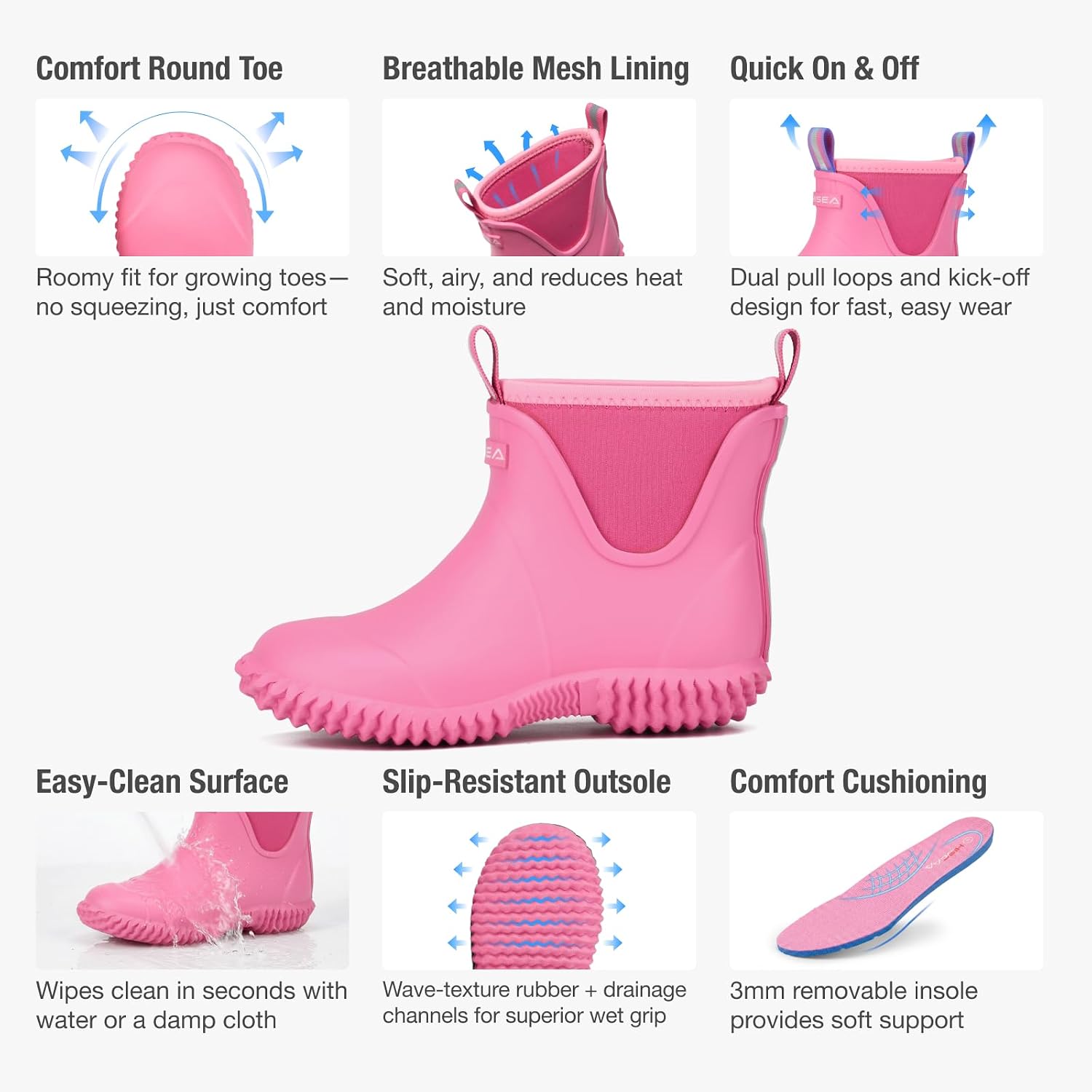Kids Neoprene Rubber Rain Boots, Insulated Ankle Mud Boots with Self-Cleaning Non-Slip Sole, Breathable