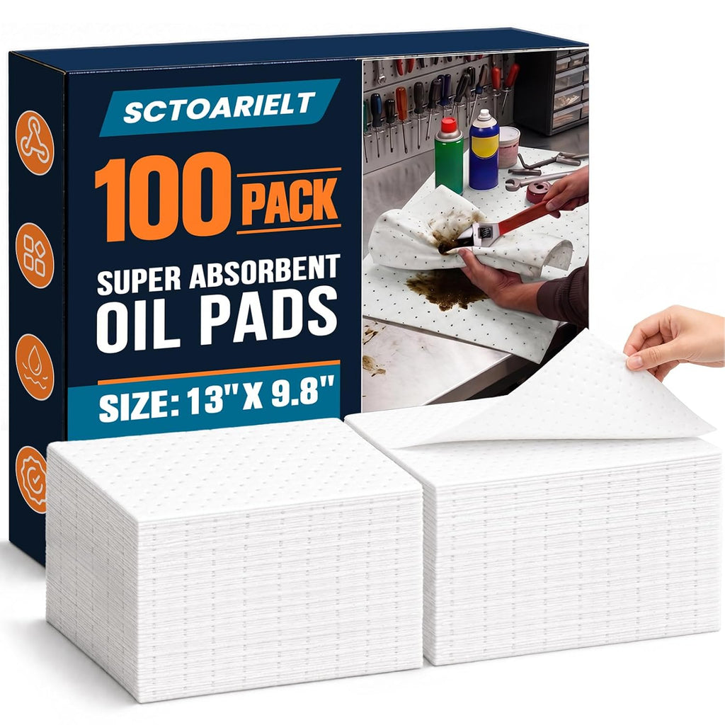 100 Pcs Oil Absorbent Pads, 9.8" x 13" Heavy Dimpled Garage Absorbing Mat