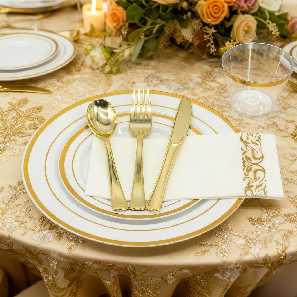 Gold White Plastic Plates Set, 175PCS Disposable Dinnerware for 25