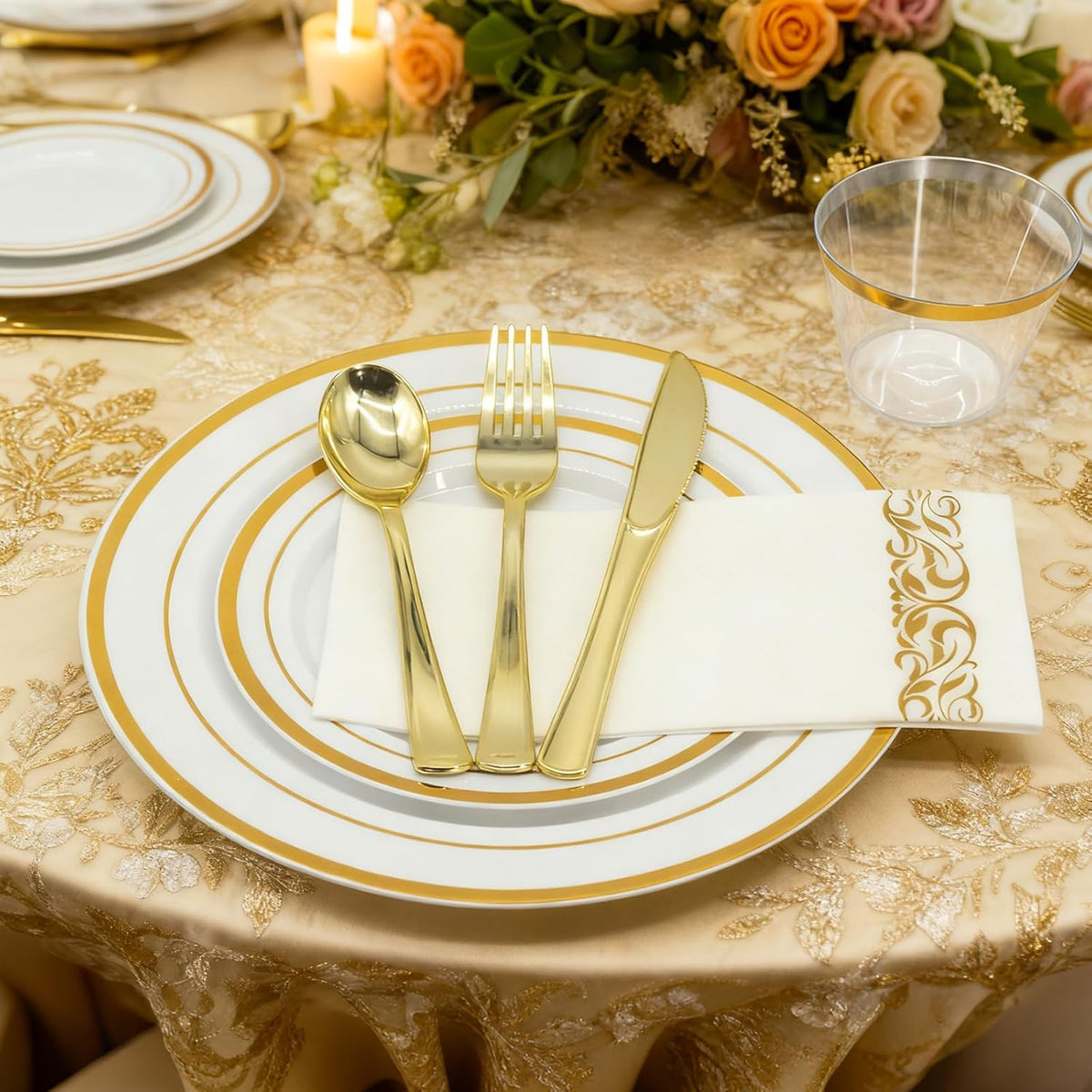Gold White Plastic Plates Set, 175PCS Disposable Dinnerware for 25