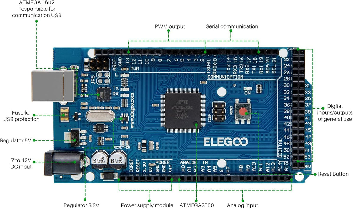 ELEGOO Mega 2560 R3 Board, ATmega2560, Compatible with Arduino, Blue
