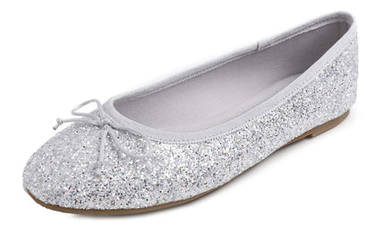 Women's Sparkle Memory Foam Cushioned Colorful Shiny Ballet Flats Glitter Ice Silver Size 6 M US
