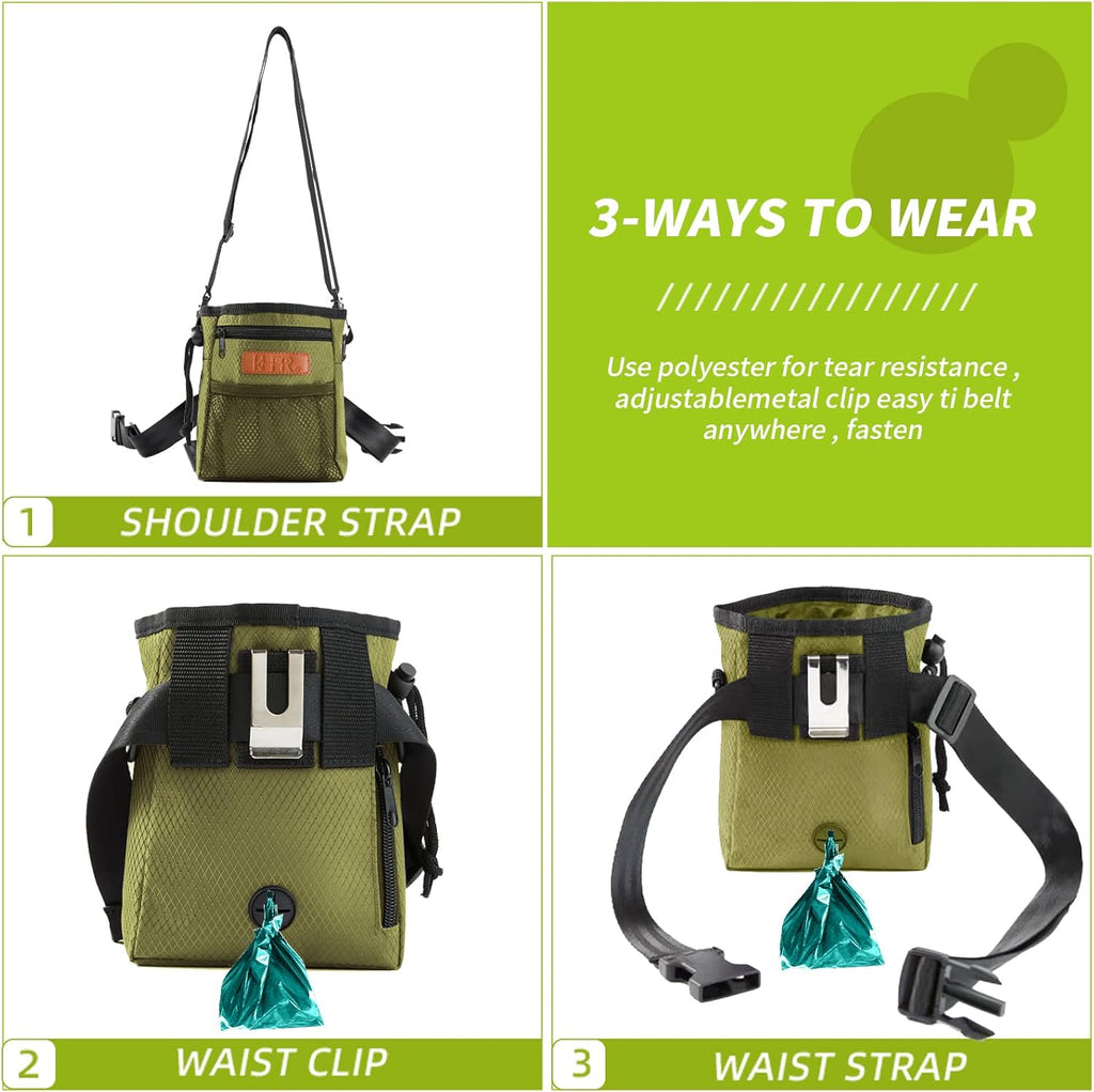 Dog Treat Training Pouch Easily Carries Pet Toys Kibble, Treats Built-in Poop Bag Dispenser 3 Ways to Wear Comes with