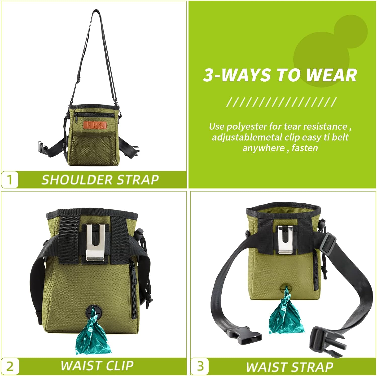 Dog Treat Training Pouch Easily Carries Pet Toys Kibble, Treats Built-in Poop Bag Dispenser 3 Ways to Wear Comes with