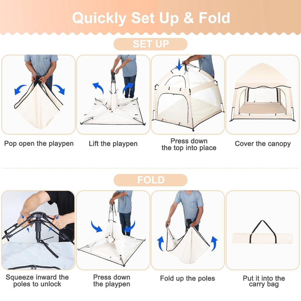 Baby Playpen with Canopy, Square Toddler Beach Tent (Beige) | Portable Infant Play Yard, Mosquito Net, Indoor and