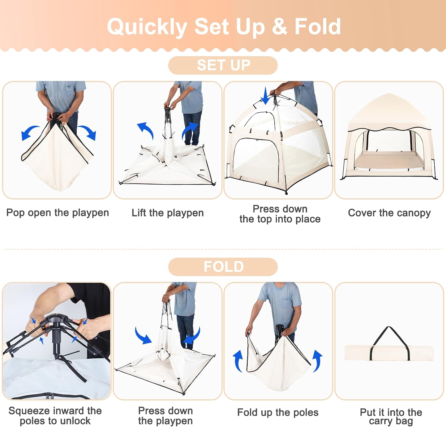 Baby Playpen with Canopy, Square Toddler Beach Tent (Beige) | Portable Infant Play Yard, Mosquito Net, Indoor and