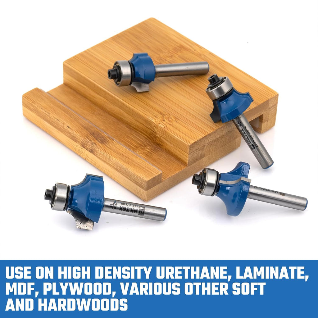 10109H Top Bearing Roundover Router Bit Set, 4 Pieces, 1/4 Inch Shank, CNC Woodworking Tool, 1/8" 3/16" 1/4" 5/16"