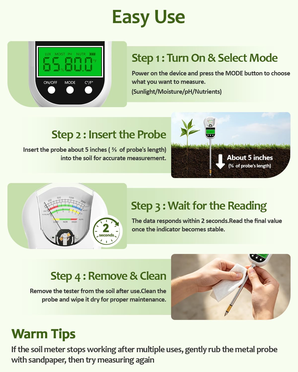 7-in-1 Soil Test Kit, Soil Moisture Meter/pH Meter/Light Intensity/Fertility/Air & Soil Hygrometer Temperature with