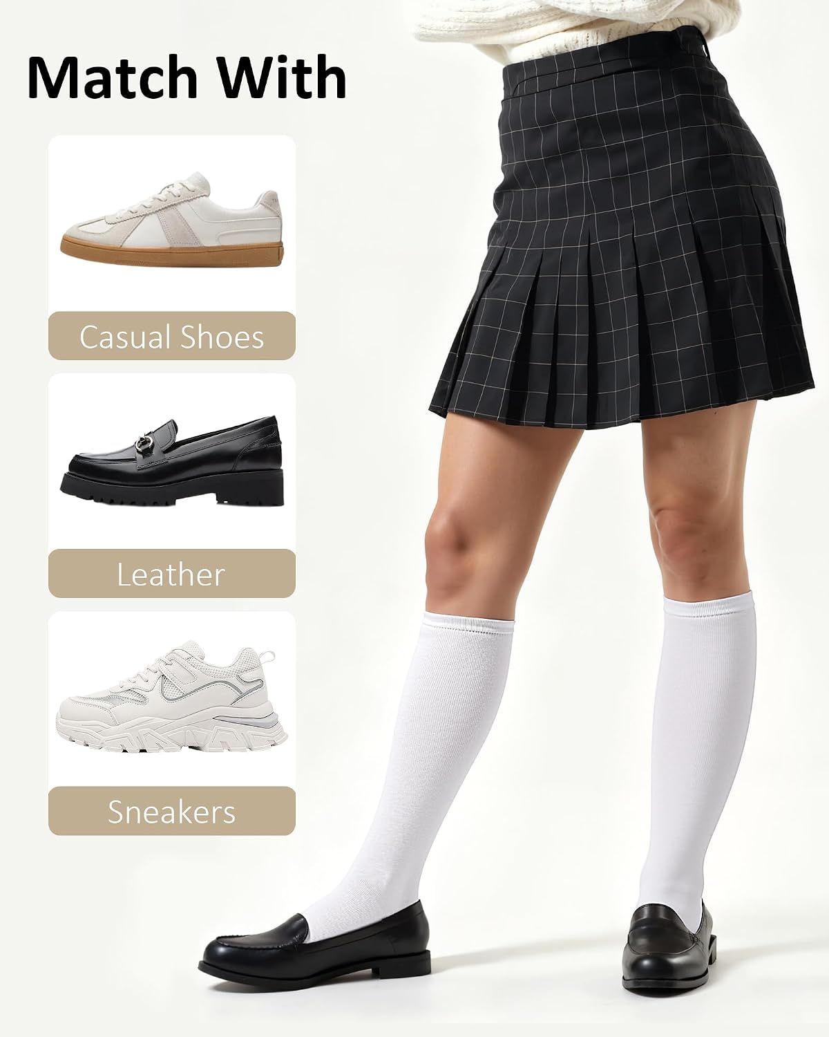 Knee High Socks for Women 4 Pairs, Cotton Long Dress Socks | Elastic Athletic Uniform Stockings, Tall Tube Socks