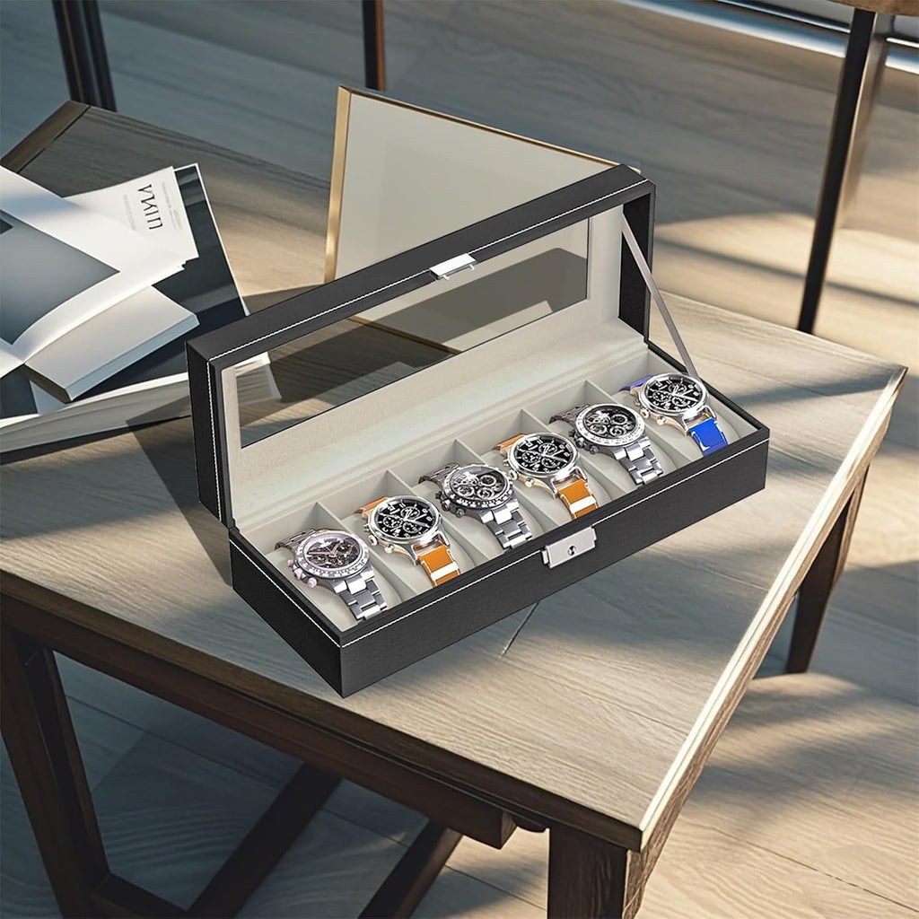 Watch Box for Men,Organizer 6 Slot Watch Display Case,Men Jewelry Box Storage Case,Lined with Soft Velvet and Holder