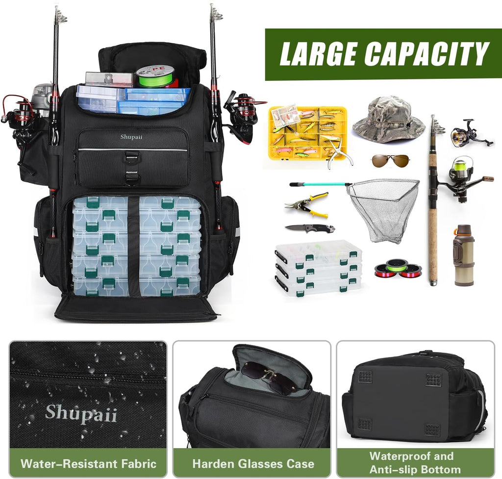 Fishing Backpack with Rod Holder | Large, Water Resistant, Tackle Storage Bag, Fishing Gear, Gifts for Men