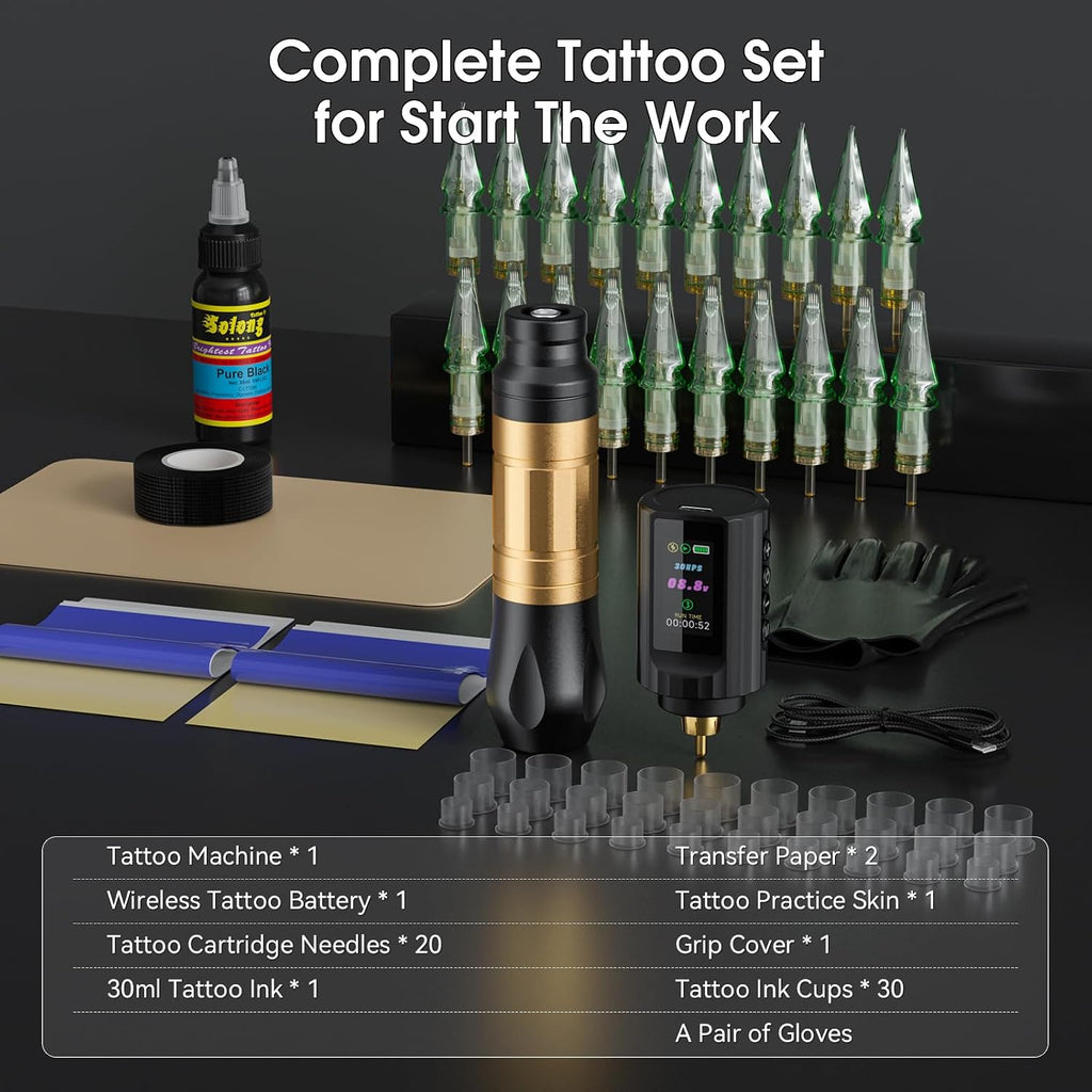 Cordless Rotary Tattoo Pen Kit, Rechargeable Wireless Tattoo Machine, Complete Tattoo Supplies with 20Pcs Cartridge