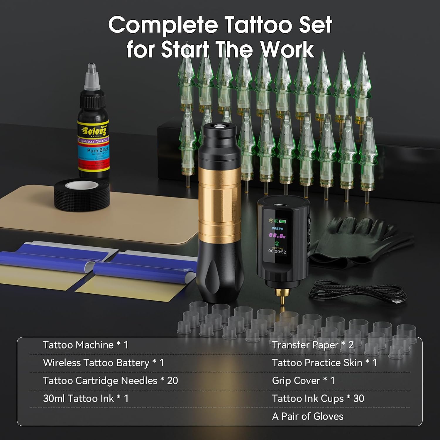 Cordless Rotary Tattoo Pen Kit, Rechargeable Wireless Tattoo Machine, Complete Tattoo Supplies with 20Pcs Cartridge