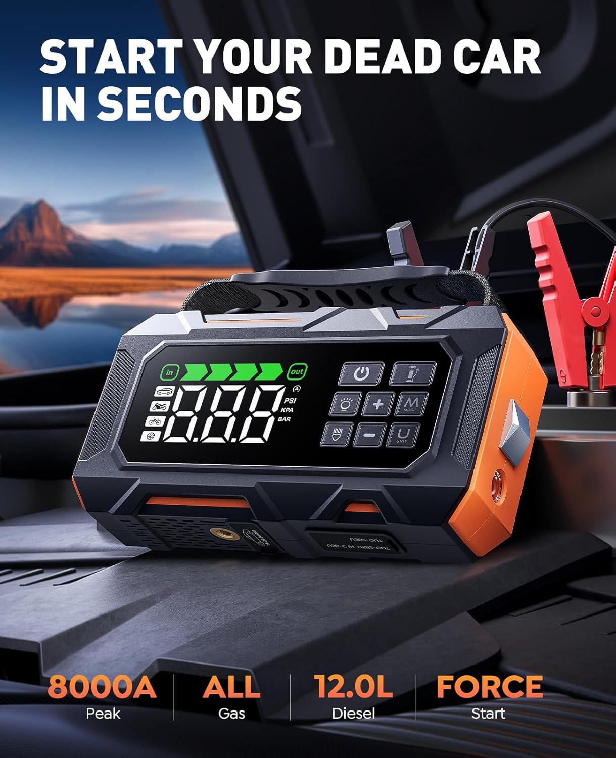 16-in-1 8000A Car Battery Jump Starter with Air Compressor 160PSI, Jump Starter Jump Box (All Gas 12L Diesel) with