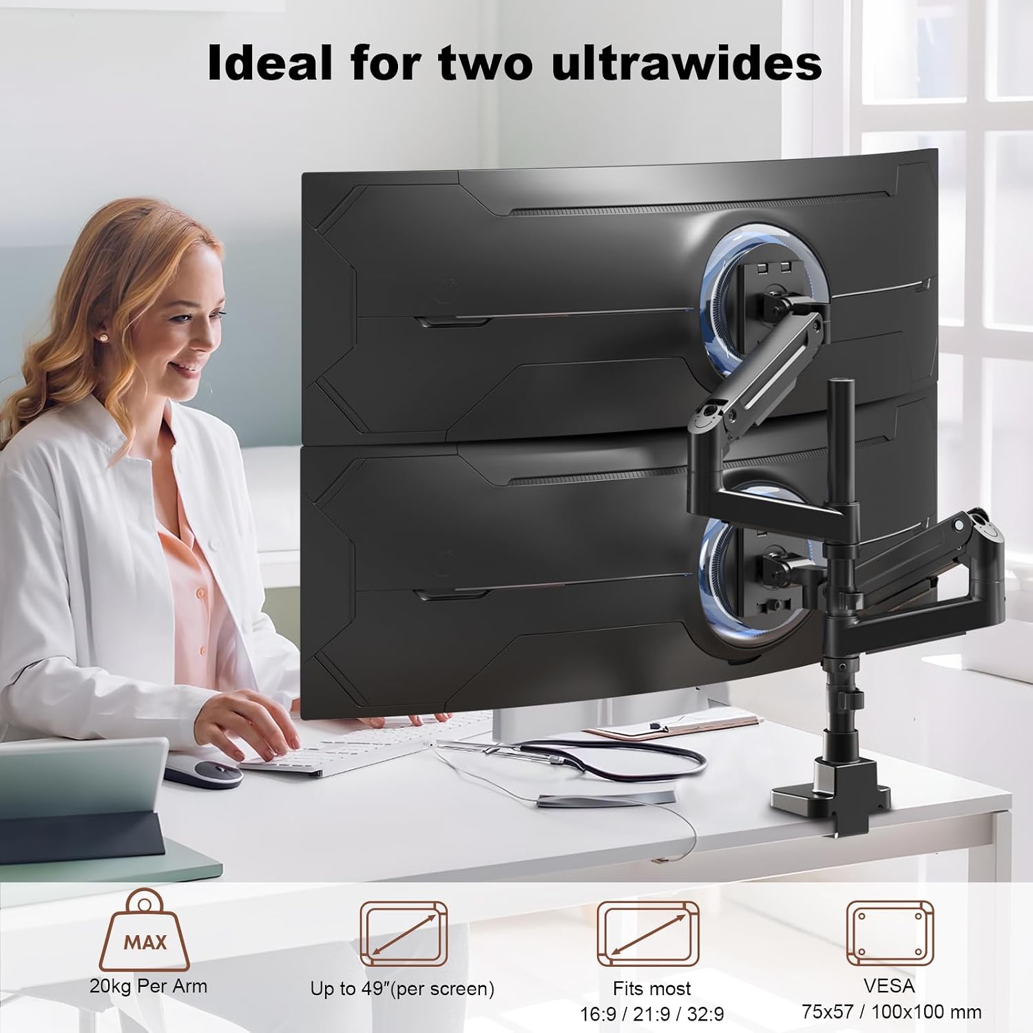 Heavy Duty Dual Monitor Arm for 17-49" Screens, Vertical Stack, 44lbs | 19.69'' Overall Height, Flexible Screen
