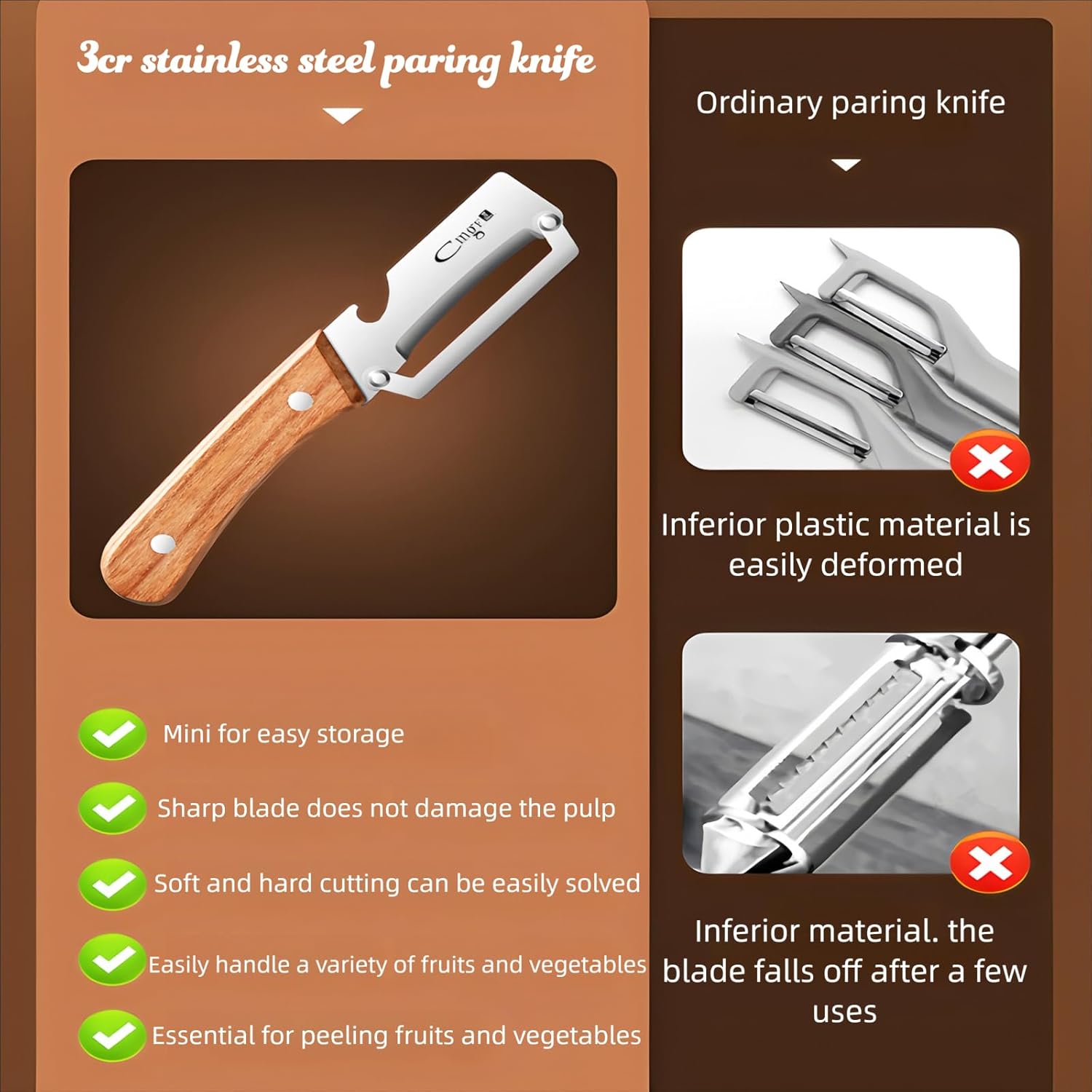 Premium Vegetable Peeler with Wooden Handle and Bottle Opener Stainless Steel Blade Kitchen Tool for Fruit Apple