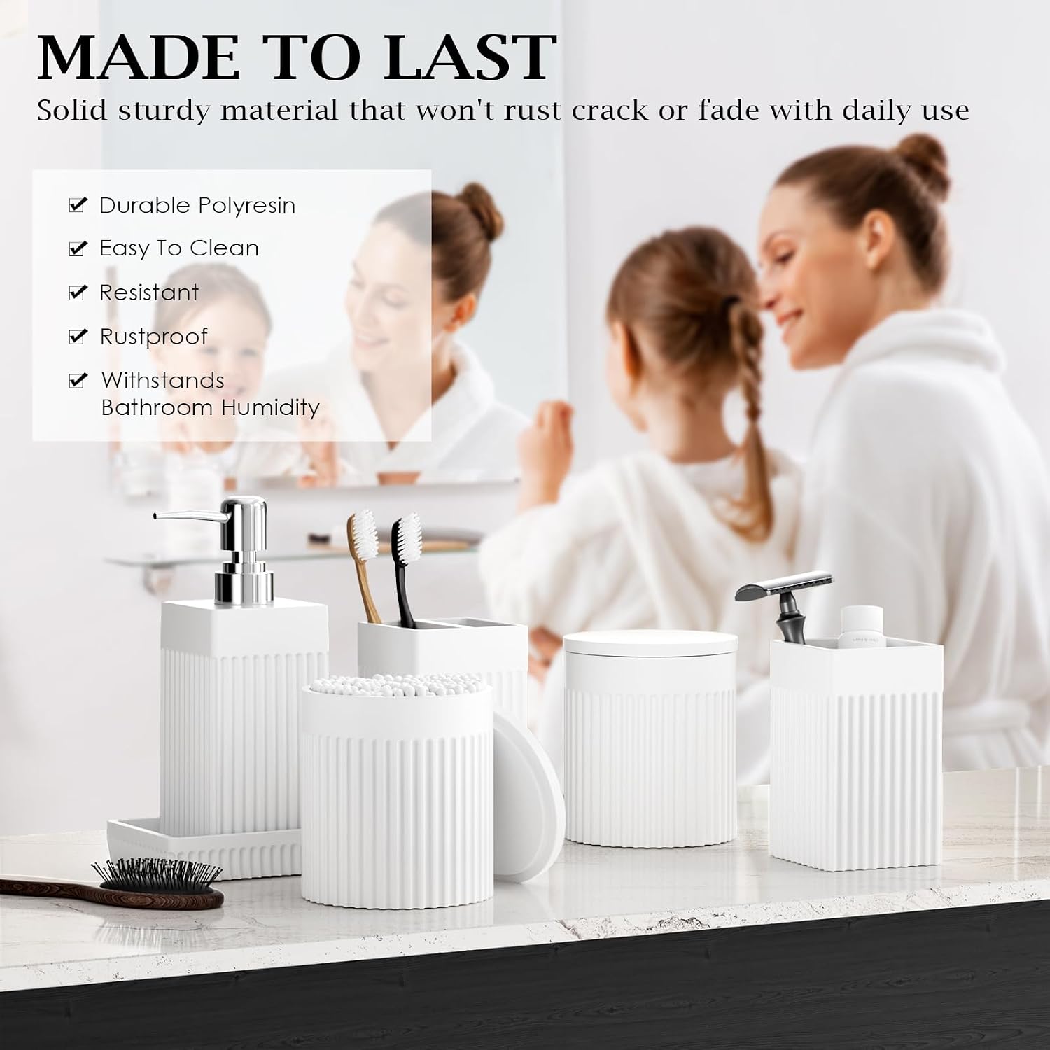 6-Piece White Bathroom Set - Modern Resin Bathroom Accessories Set with Soap Dispenser, Toothbrush Holder, Vanity