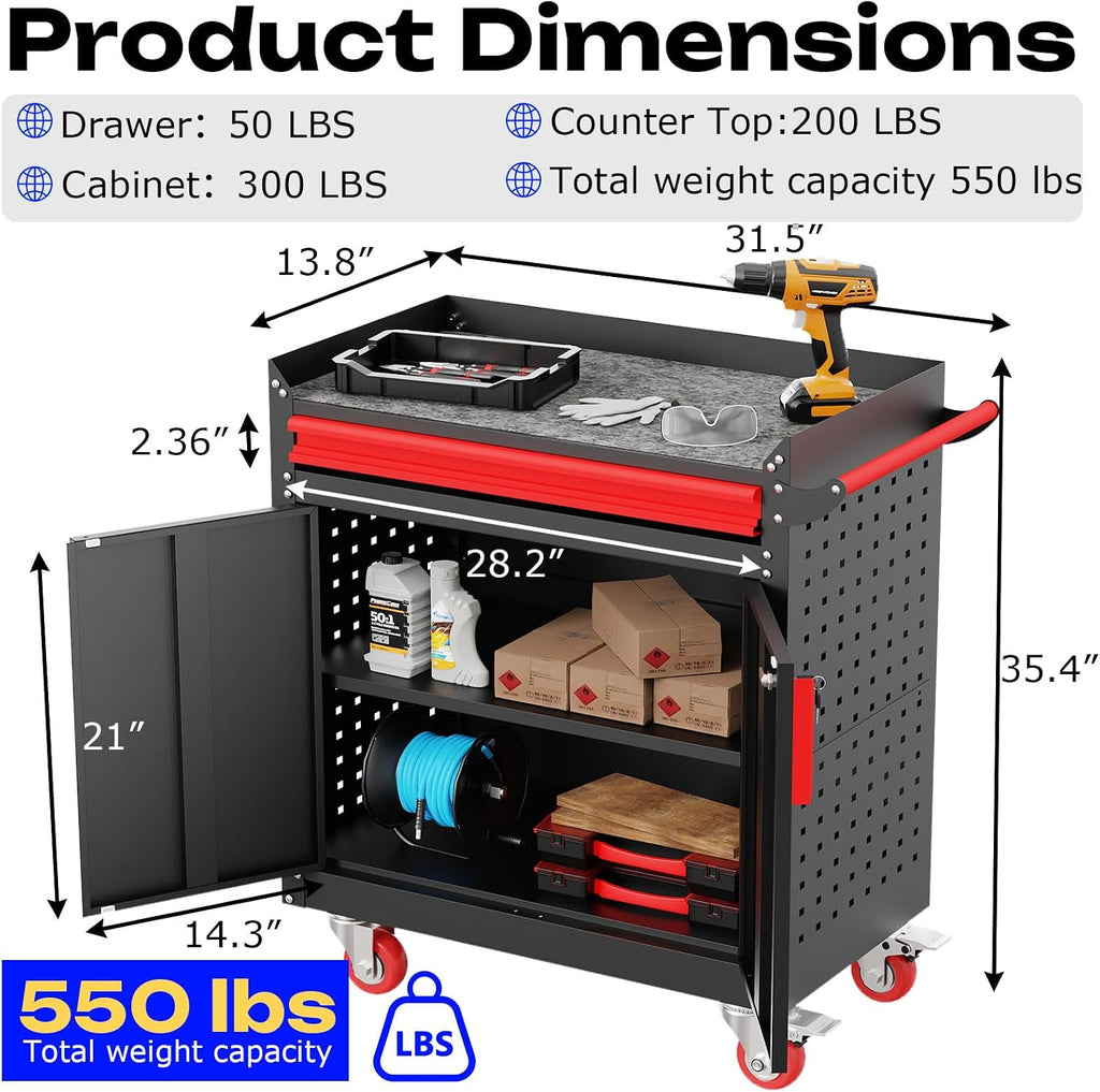Heavy Duty Utility Cart,Metal Utility Service Cart 550 lbs Capacity,Rolling Tool Cart with Locking Casters,Adjustable