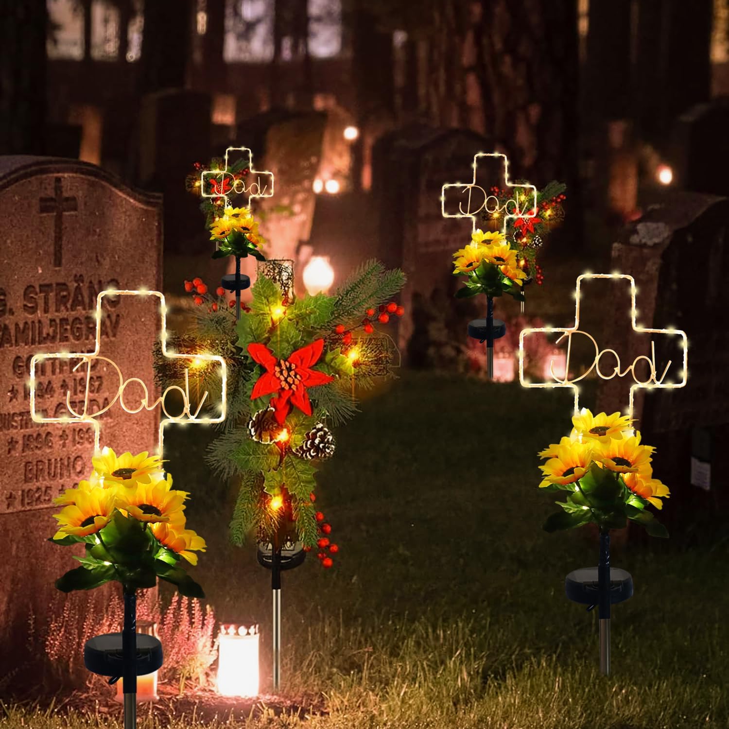 Solar Cross Sunflower Lights for Cemetery Dad, Waterproof Grave Decorations for Cemetery Dad, Sympathy Memorial Gifts