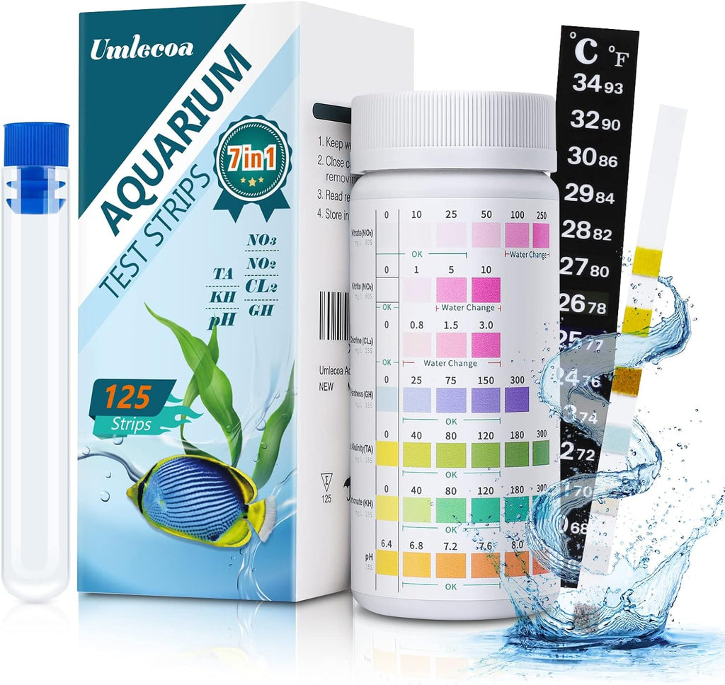 7 in 1 Aquarium Test Kit for Freshwater and Saltwater - 125 Aquarium Test Strips with Test Tube & Thermometer - Fast