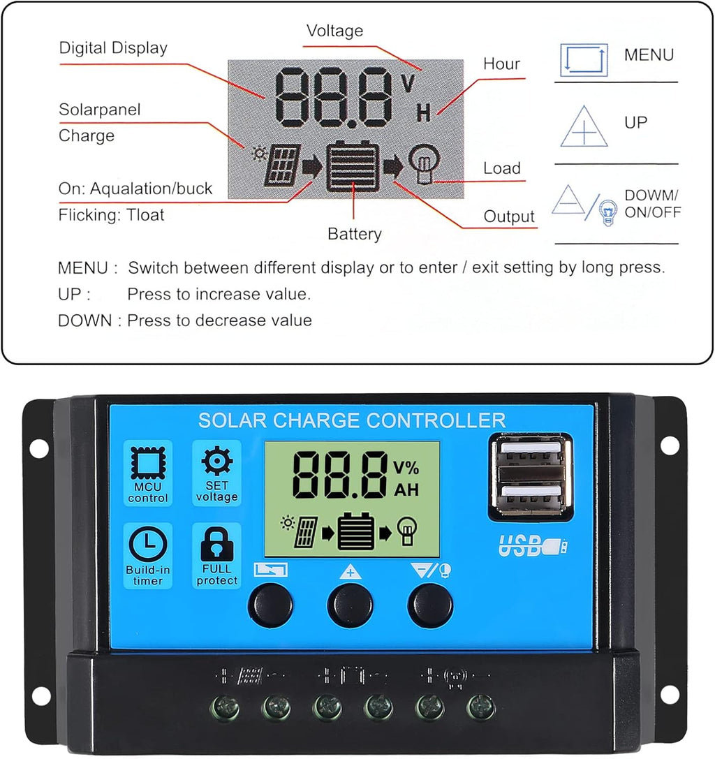 2pcs 30A Solar Charge Controller 12V/ 24V Solar Panel Charge Controller Intelligent Regulator with 5V Dual USB Port