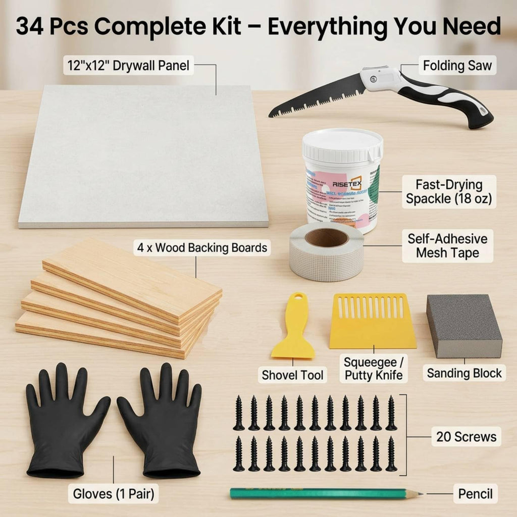 Drywall Repair Kit，34 Pcs 12x12inch Wall Patch Kit with Saw& Wood Boards | Drywall Patch Kit for Large