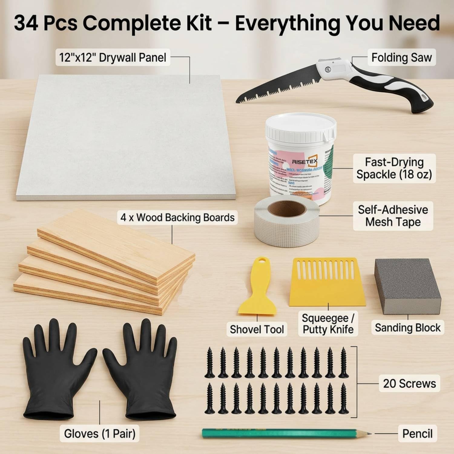 Drywall Repair Kit，34 Pcs 12x12inch Wall Patch Kit with Saw& Wood Boards | Drywall Patch Kit for Large