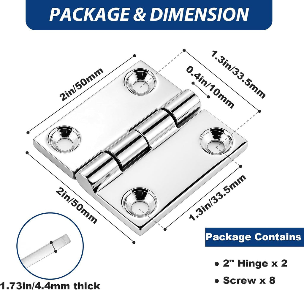 316 Stainless Steel Boat Hinges, Square Hinge 2 x 2 in, 2 Pack