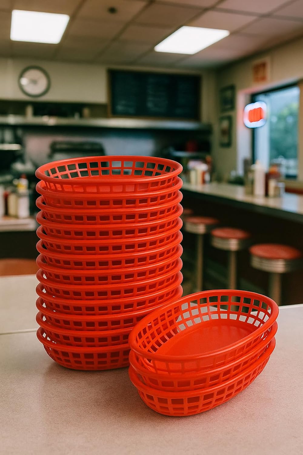 Reusable Plastic Oval Food Baskets, Red, 6 Pack