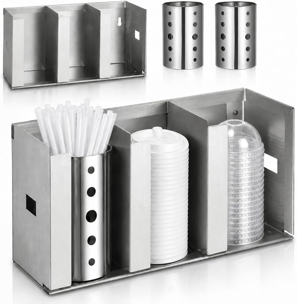3 Compartments Stainless Steel Cup Dispenser with 2 Straw Holder