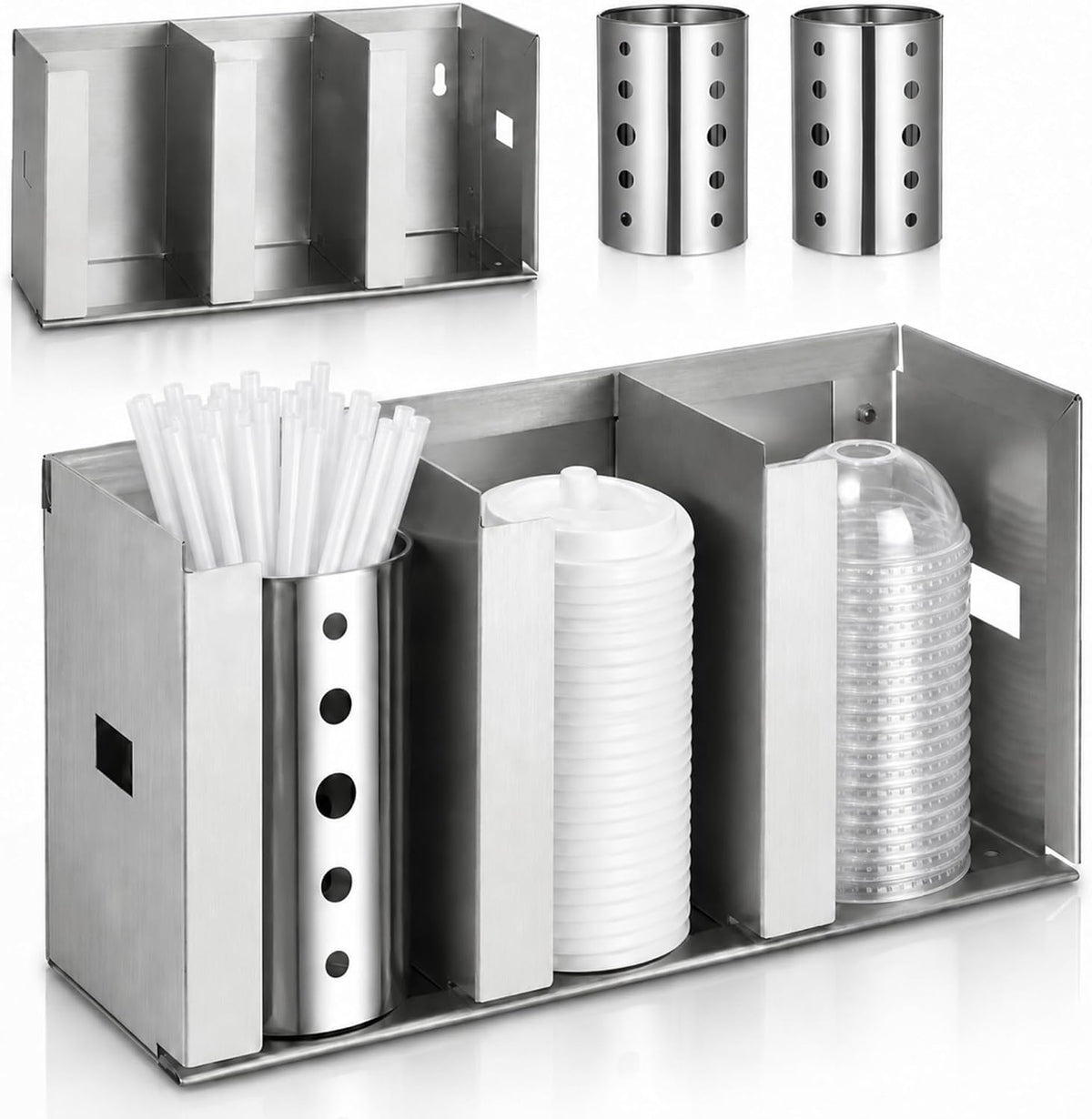 3 Compartments Stainless Steel Cup Dispenser with 2 Straw Holder